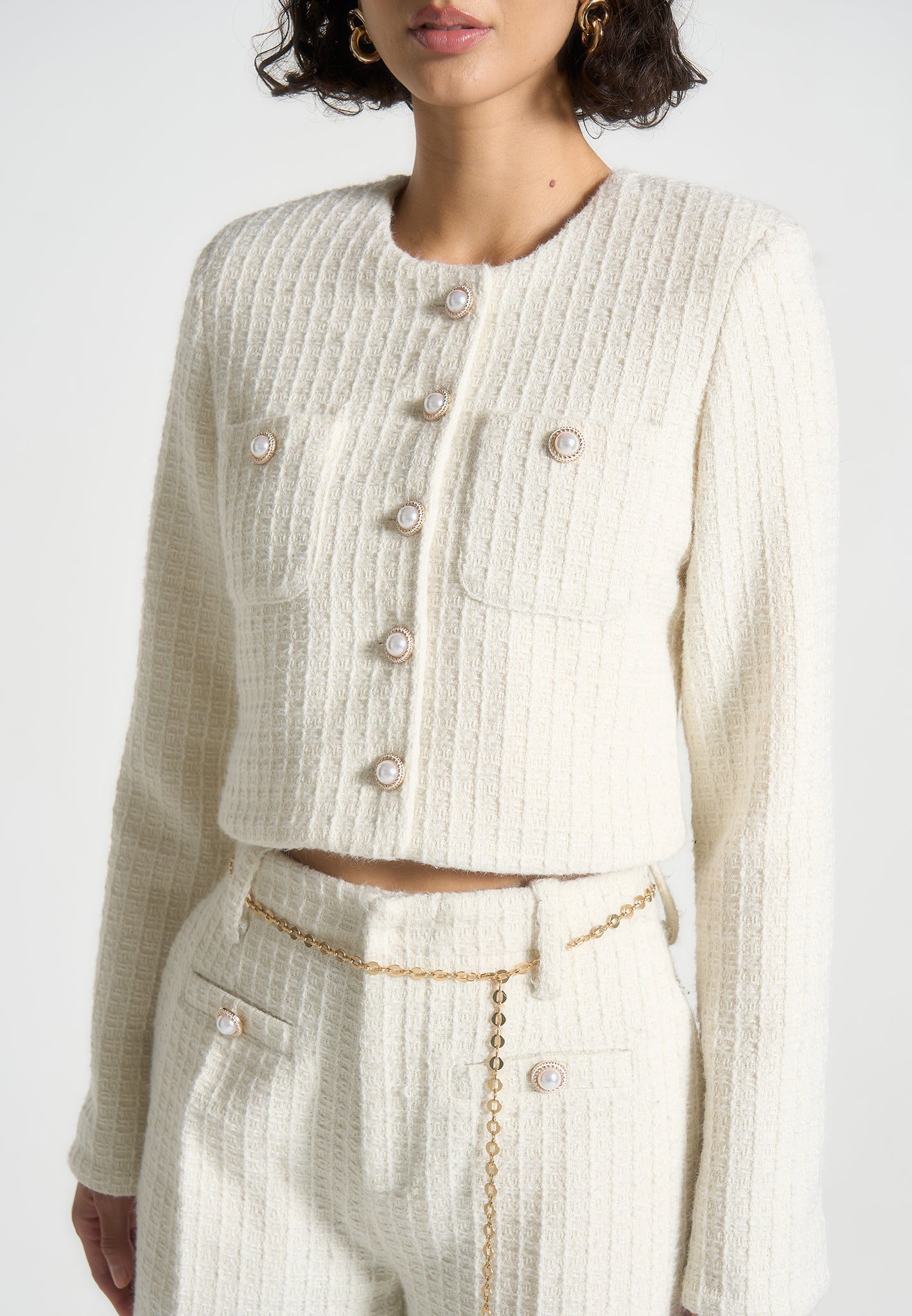 Celine - Cropped Tweed Jacket with Pearls - Cream