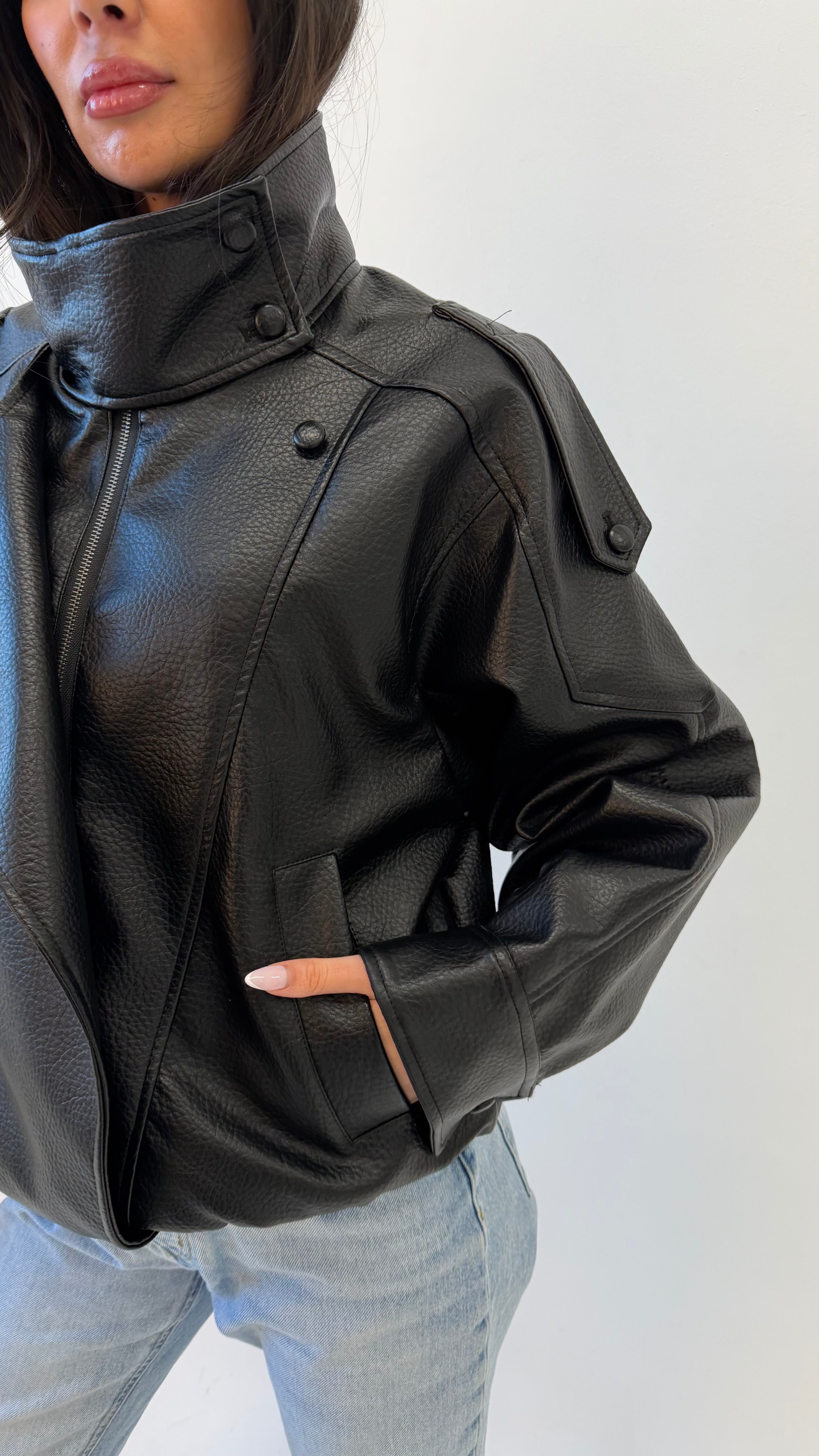 PRE ORDER IMANI Oversized PU Leather Funnel Neck Jacket In Black