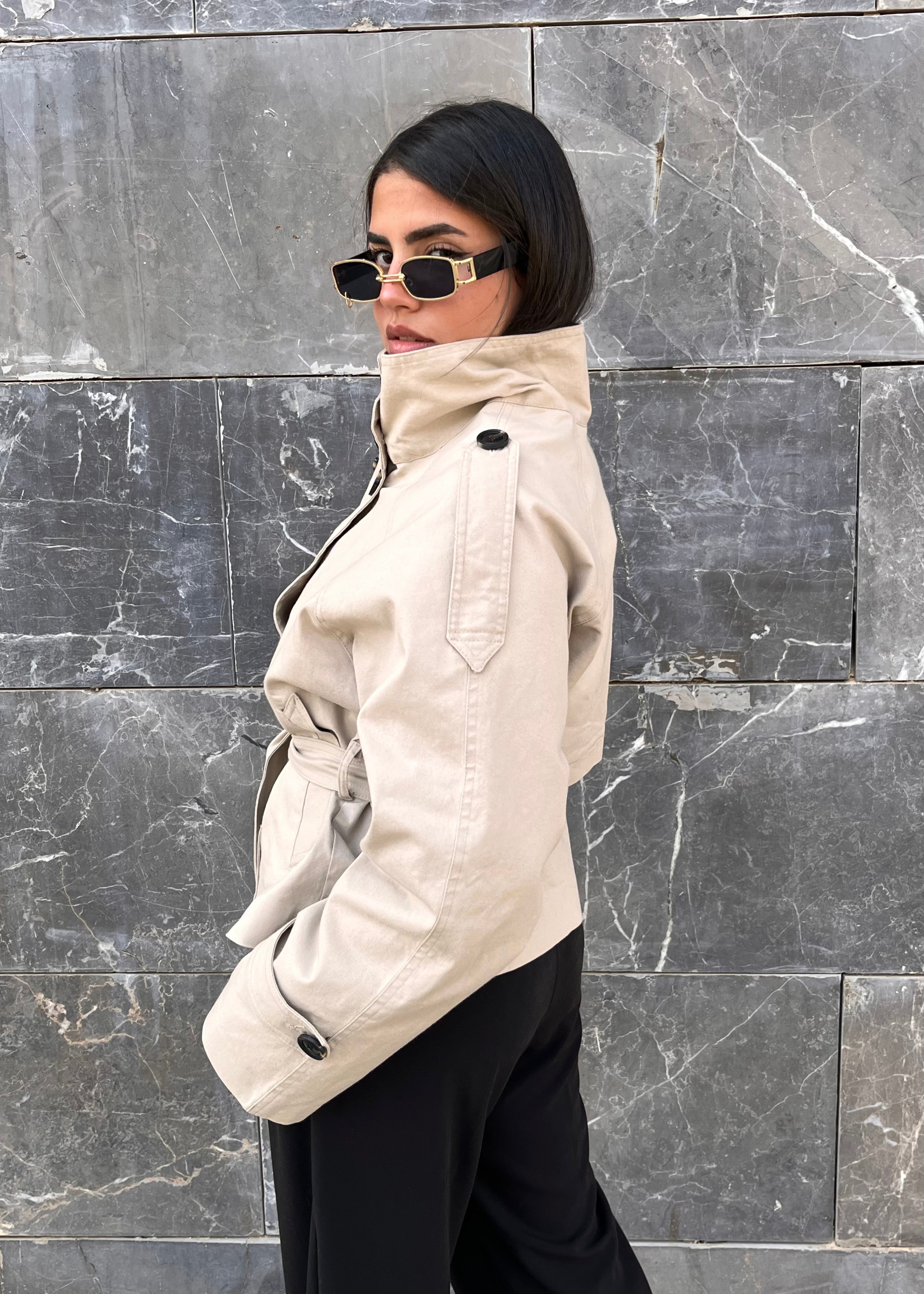 Funnel neck cropped trench coat