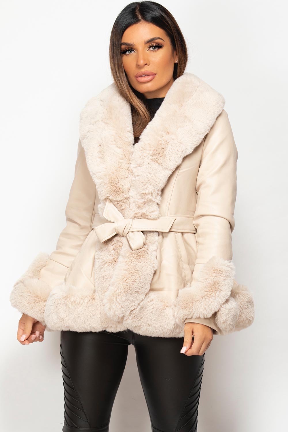 Faux Leather Faux Fur Belted Jacket Cream