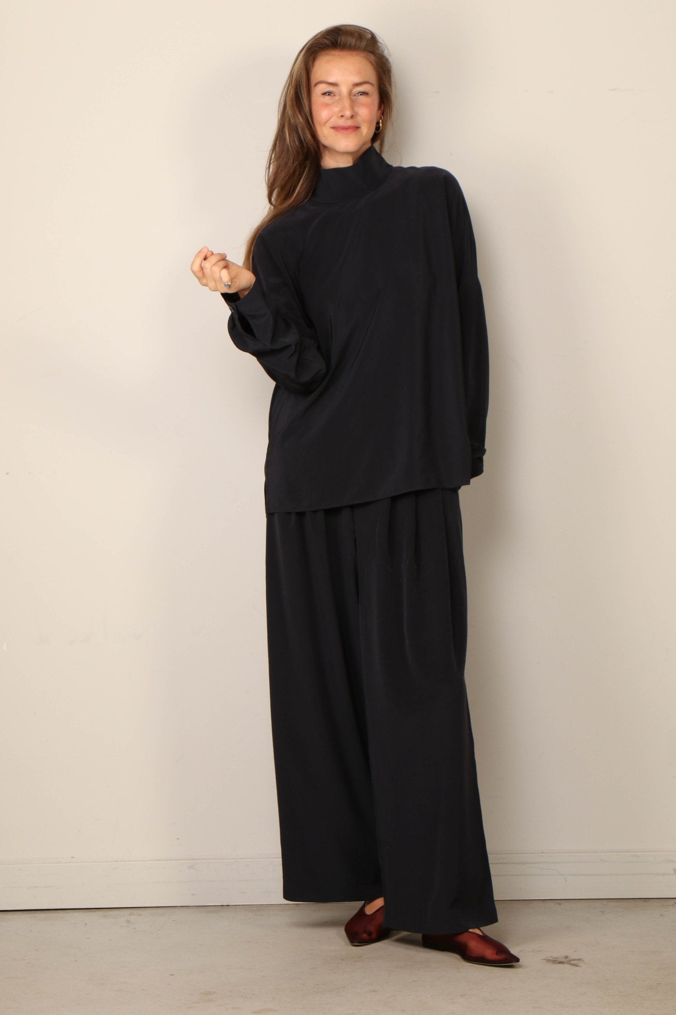 Tibi - Top - Relaxed Suiting Funnel Neck Dolman Sleeve Top - Navy