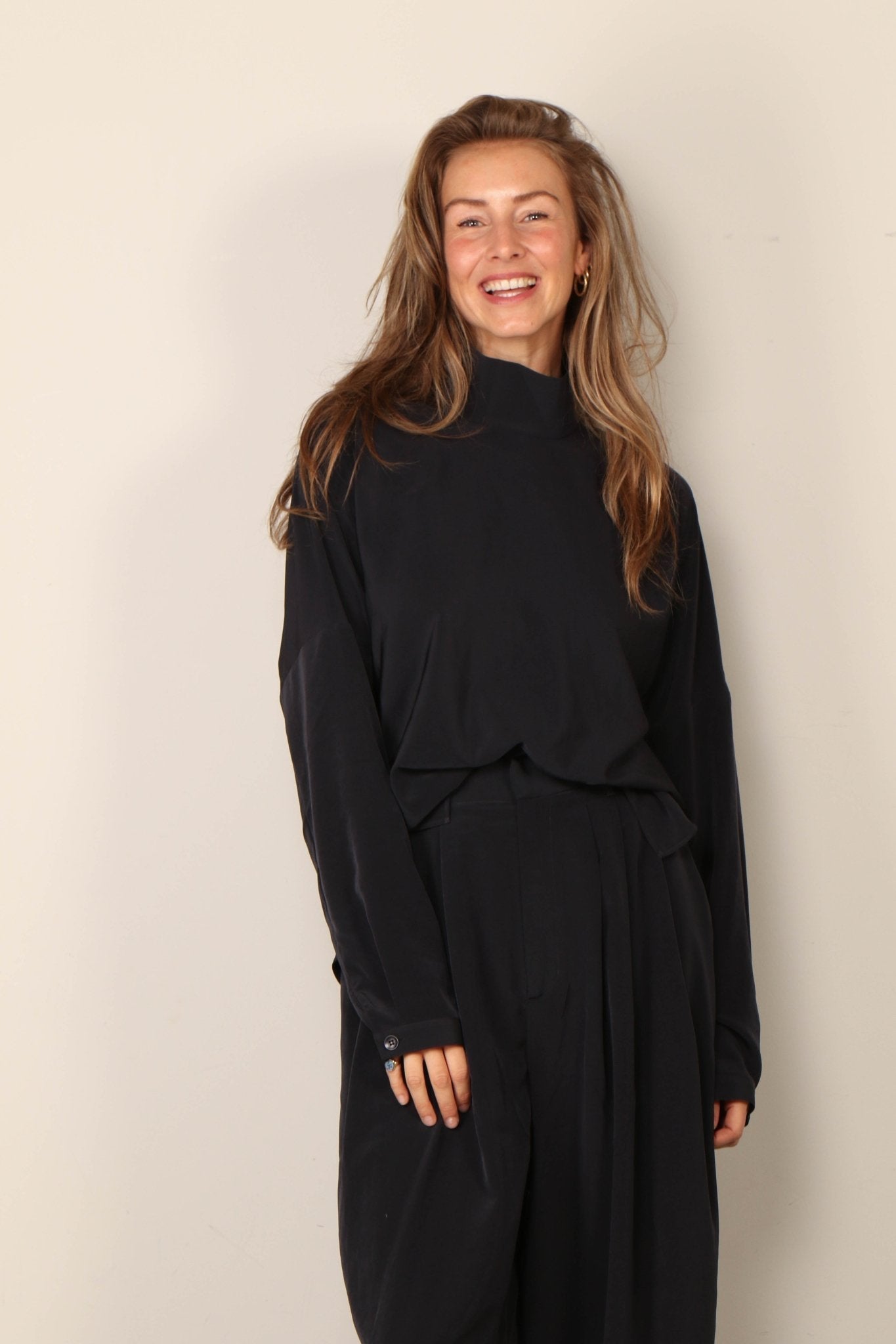 Tibi - Top - Relaxed Suiting Funnel Neck Dolman Sleeve Top - Navy