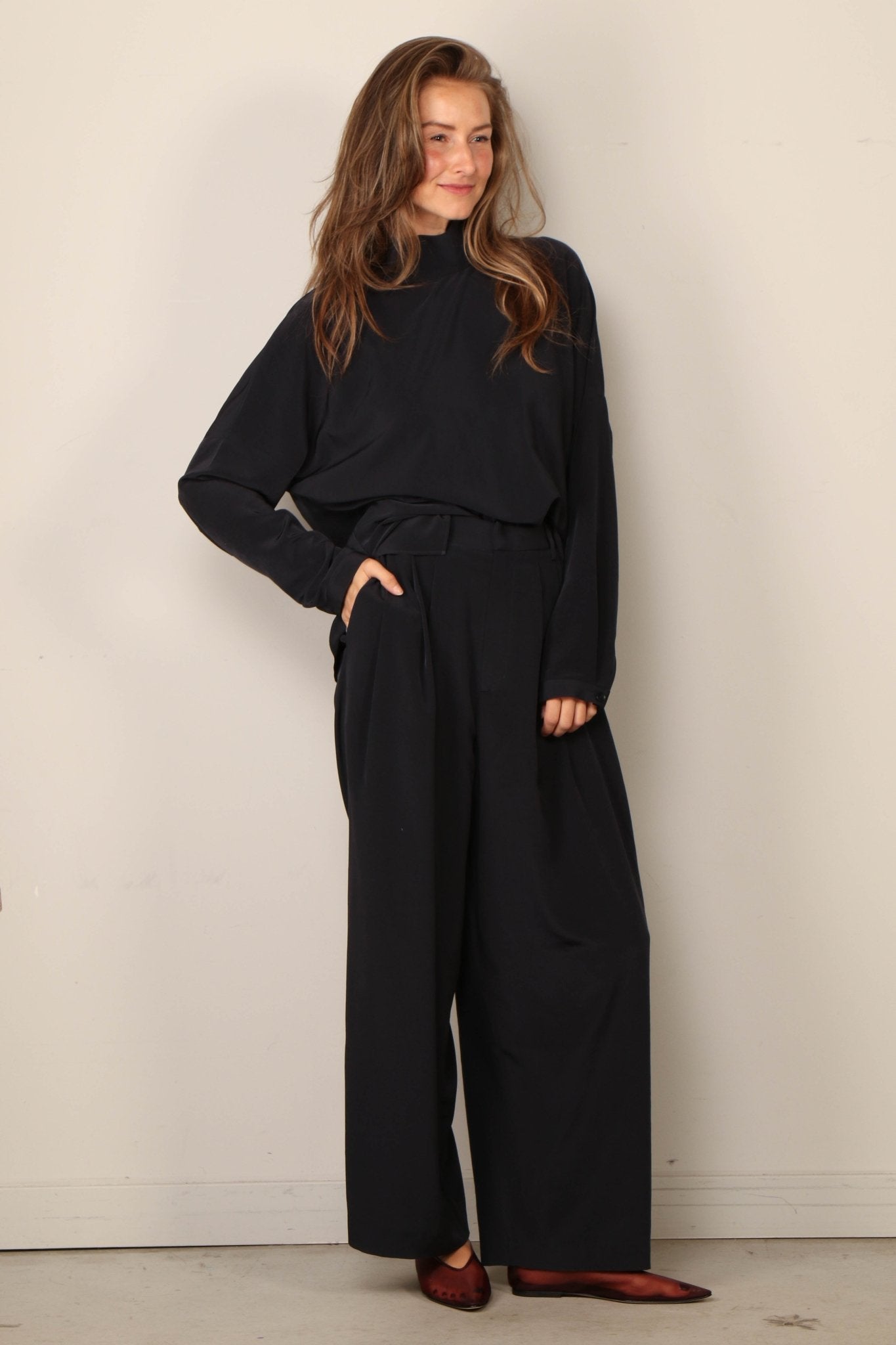 Tibi - Top - Relaxed Suiting Funnel Neck Dolman Sleeve Top - Navy