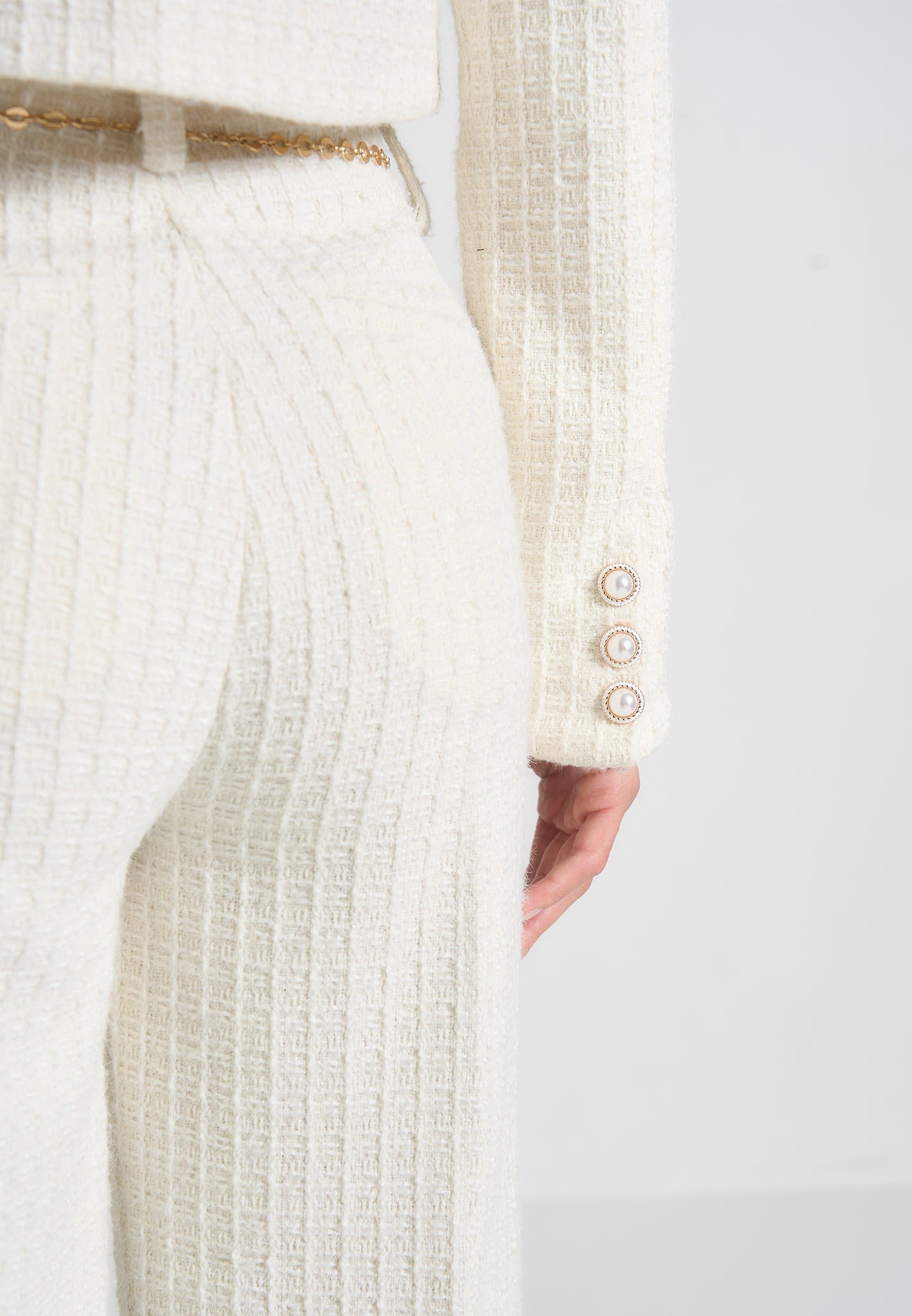 Celine - Cropped Tweed Jacket with Pearls - Cream