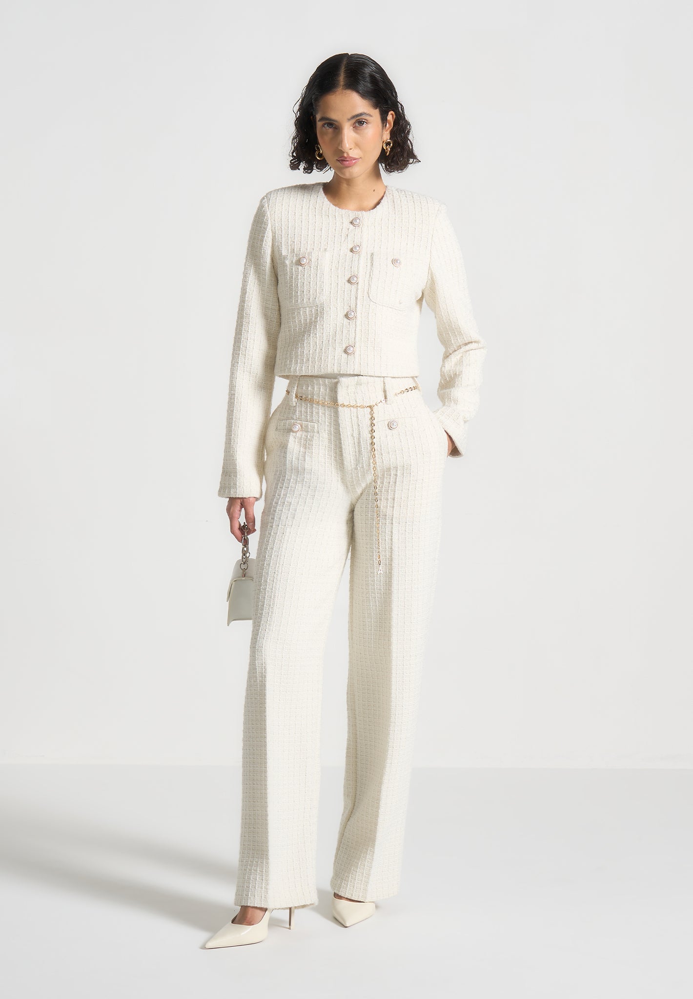 Celine - Cropped Tweed Jacket with Pearls - Cream