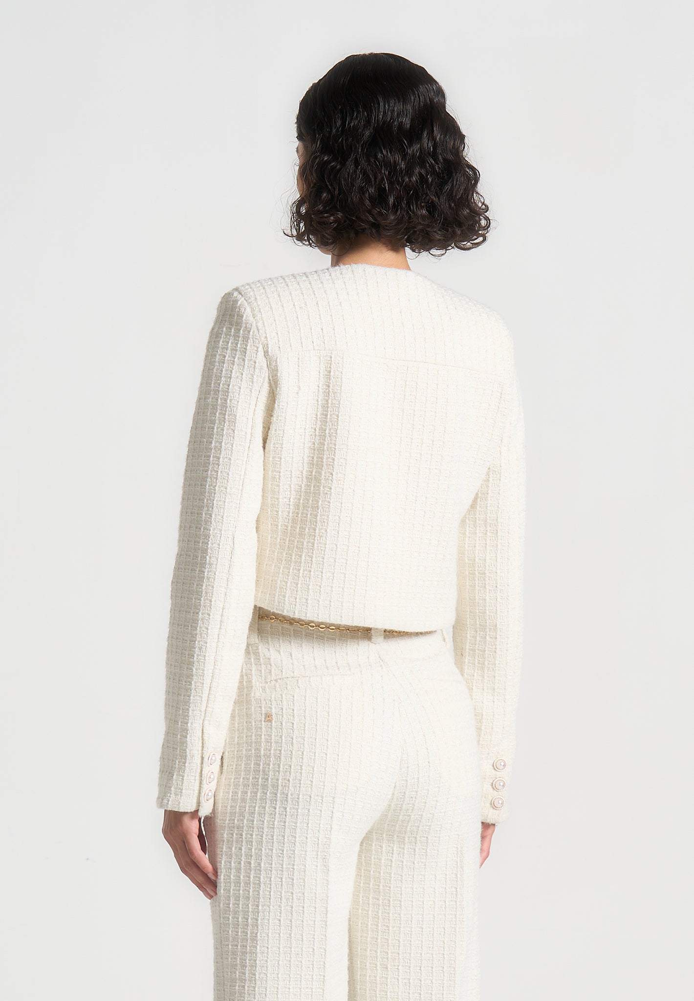 Celine - Cropped Tweed Jacket with Pearls - Cream