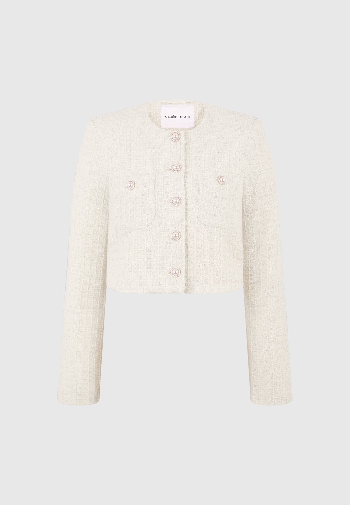 Celine - Cropped Tweed Jacket with Pearls - Cream