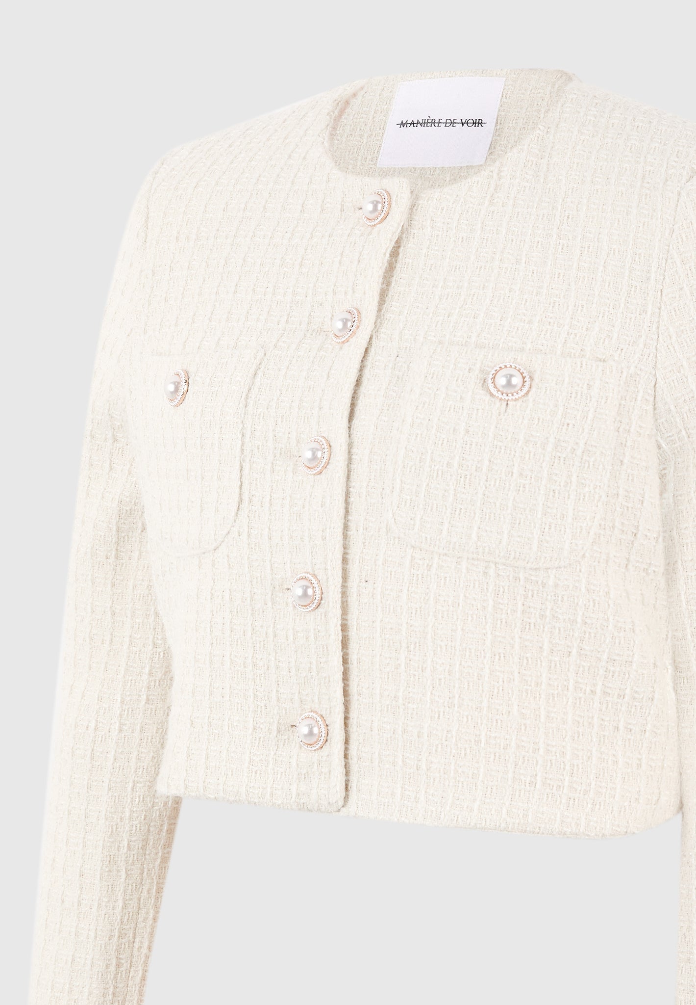 Celine - Cropped Tweed Jacket with Pearls - Cream