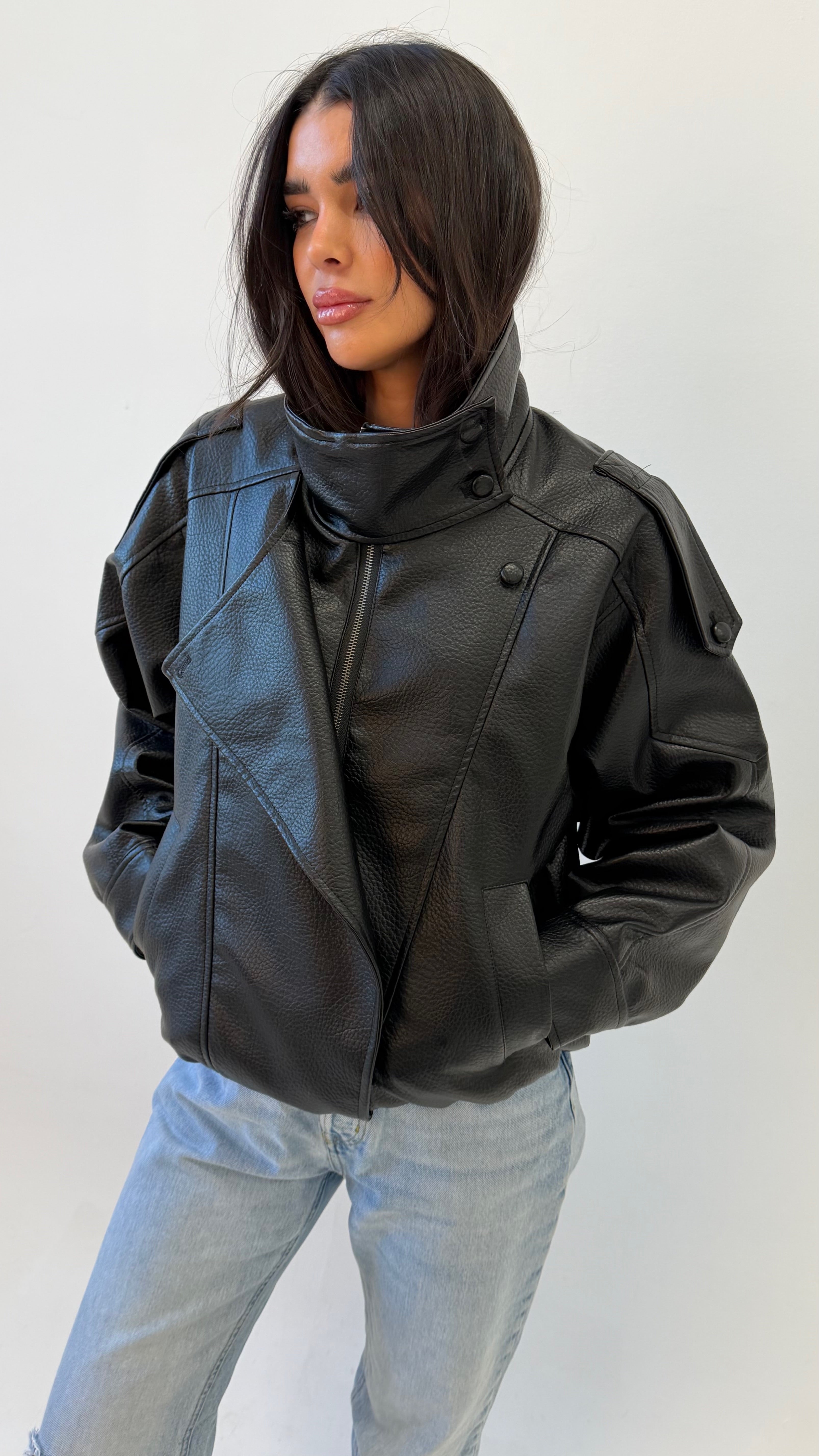 PRE ORDER IMANI Oversized PU Leather Funnel Neck Jacket In Black