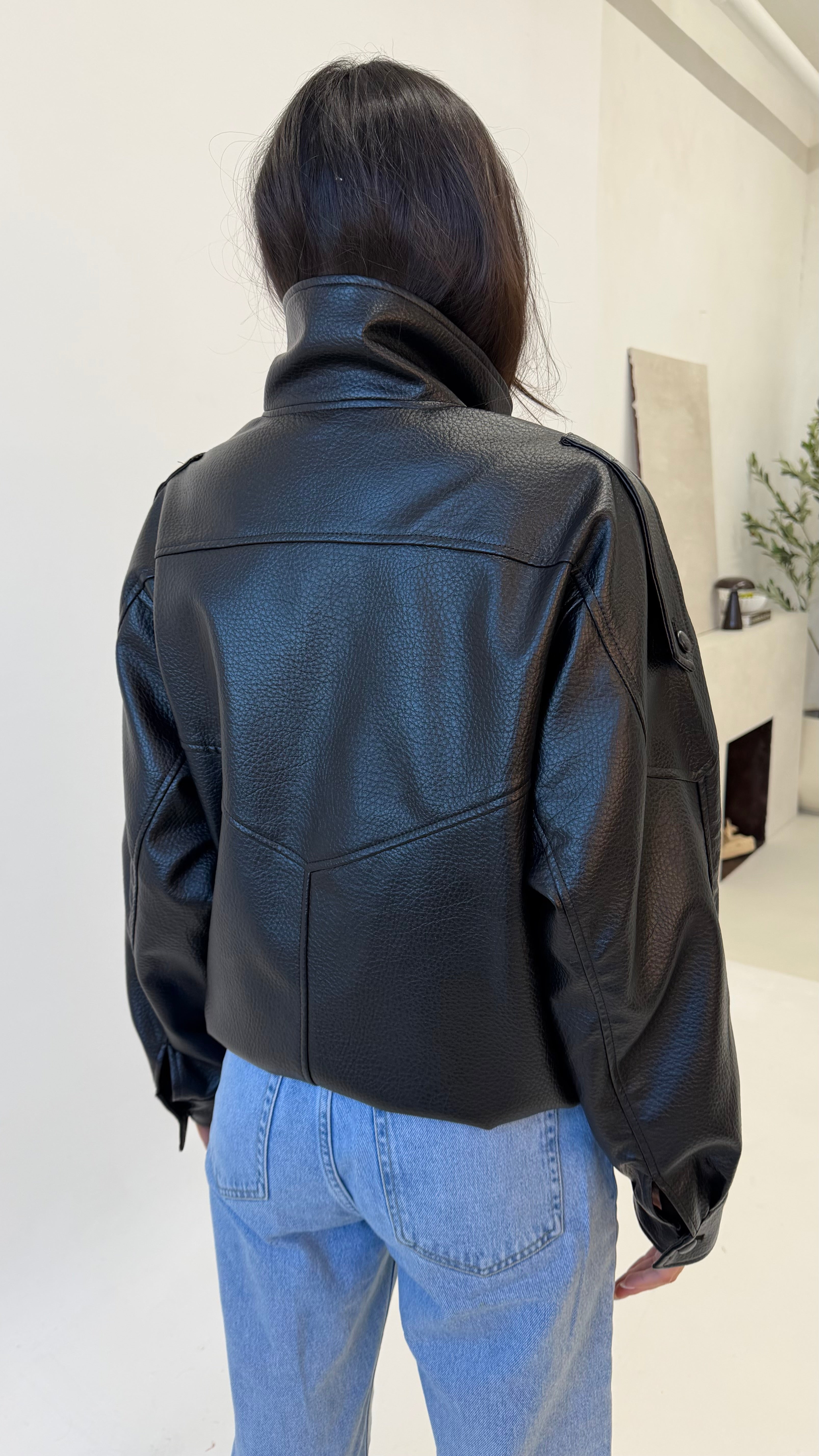 PRE ORDER IMANI Oversized PU Leather Funnel Neck Jacket In Black