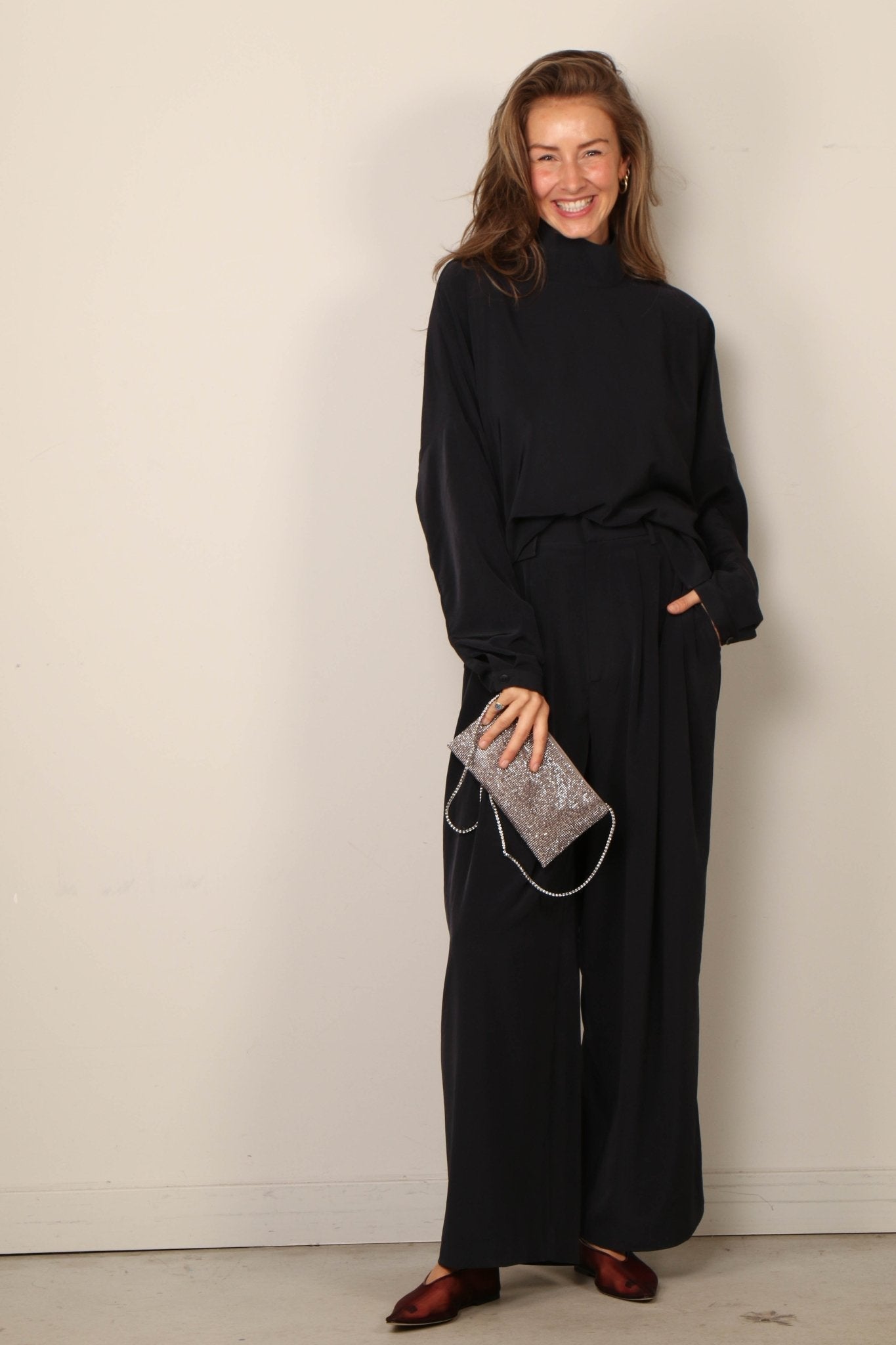 Tibi - Top - Relaxed Suiting Funnel Neck Dolman Sleeve Top - Navy